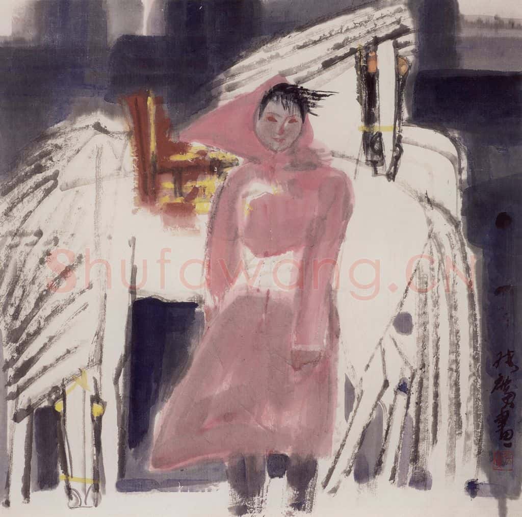 现代 张广《姑娘与白马》书画作品