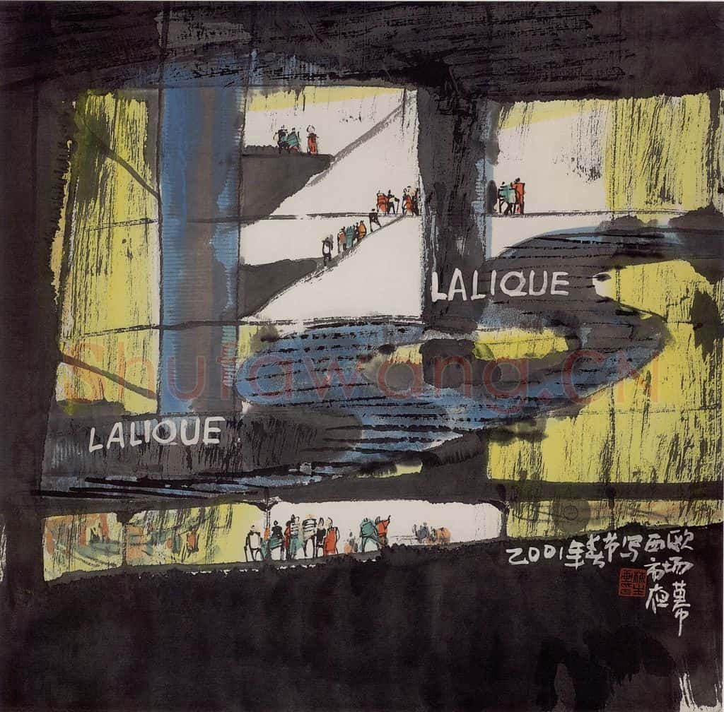 2001年 赵梅生《西欧市场夜幕》书画作品