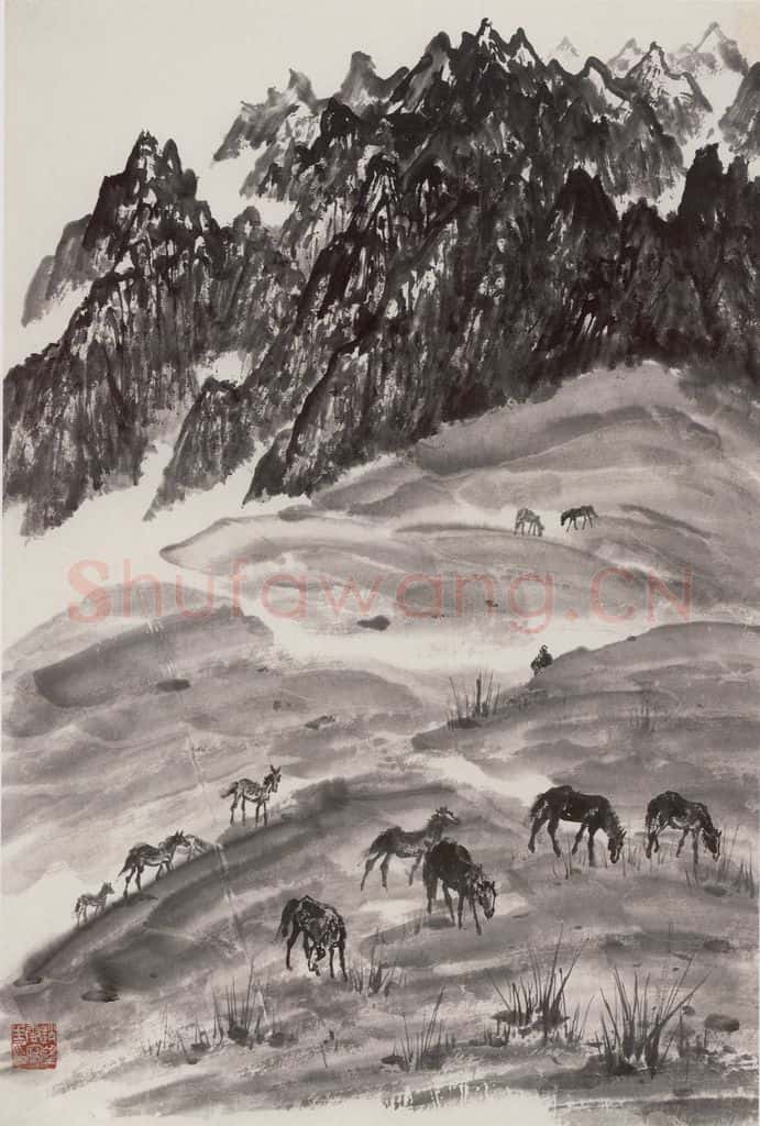 1962年 赵望云《乌稍岭牧马》书画作品
