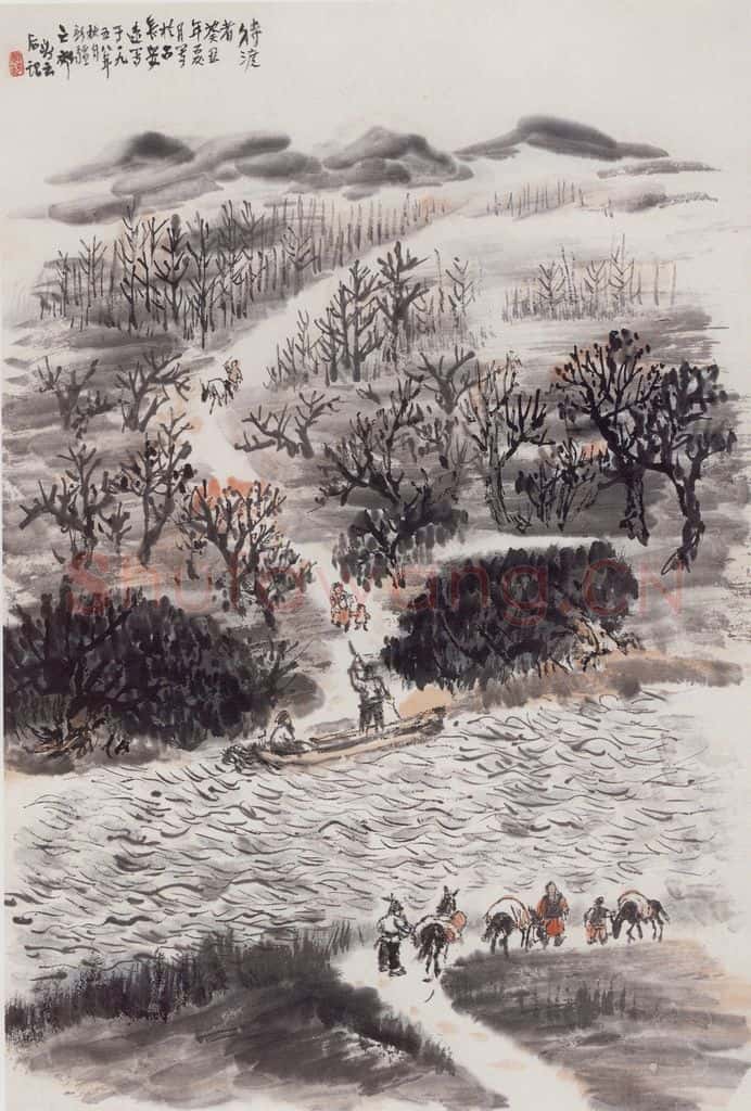 1973年 赵望云《待渡者》书画作品