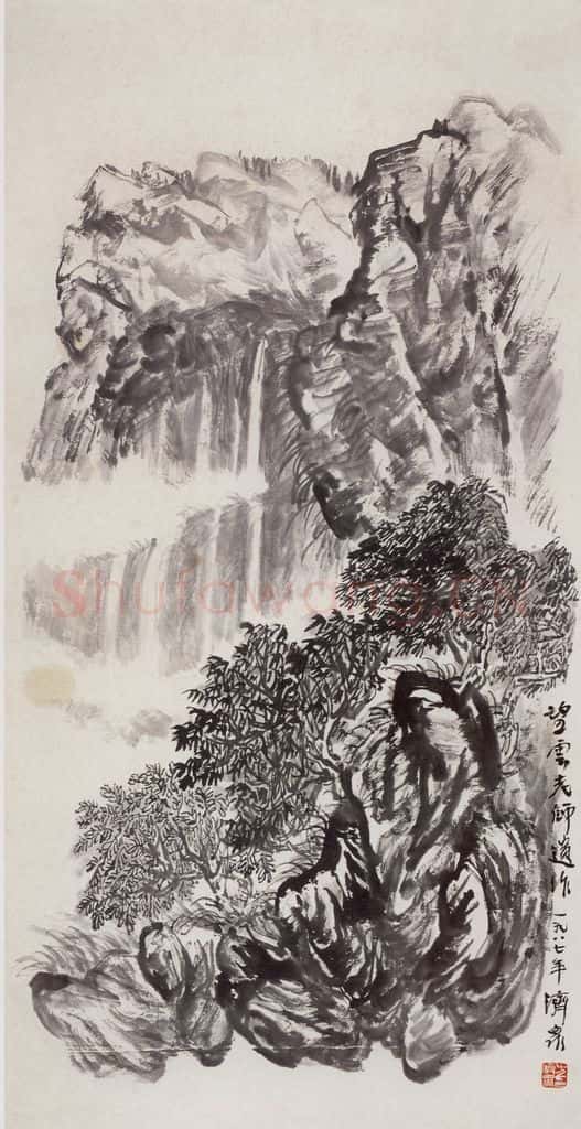 1974年 赵望云《高崖飞瀑》书画作品