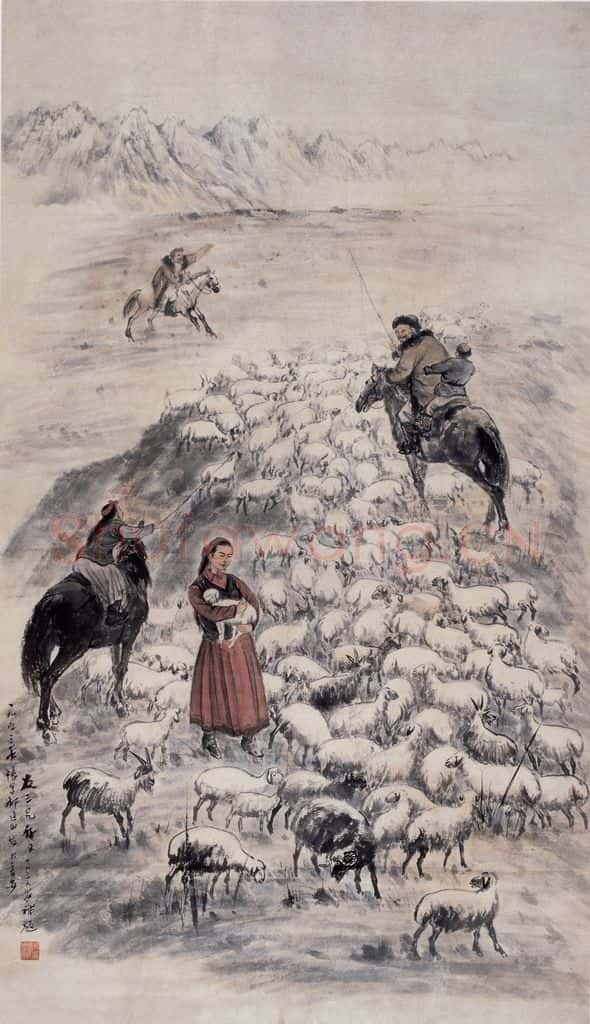 1953年 赵望云《忆写祁连山》书画作品