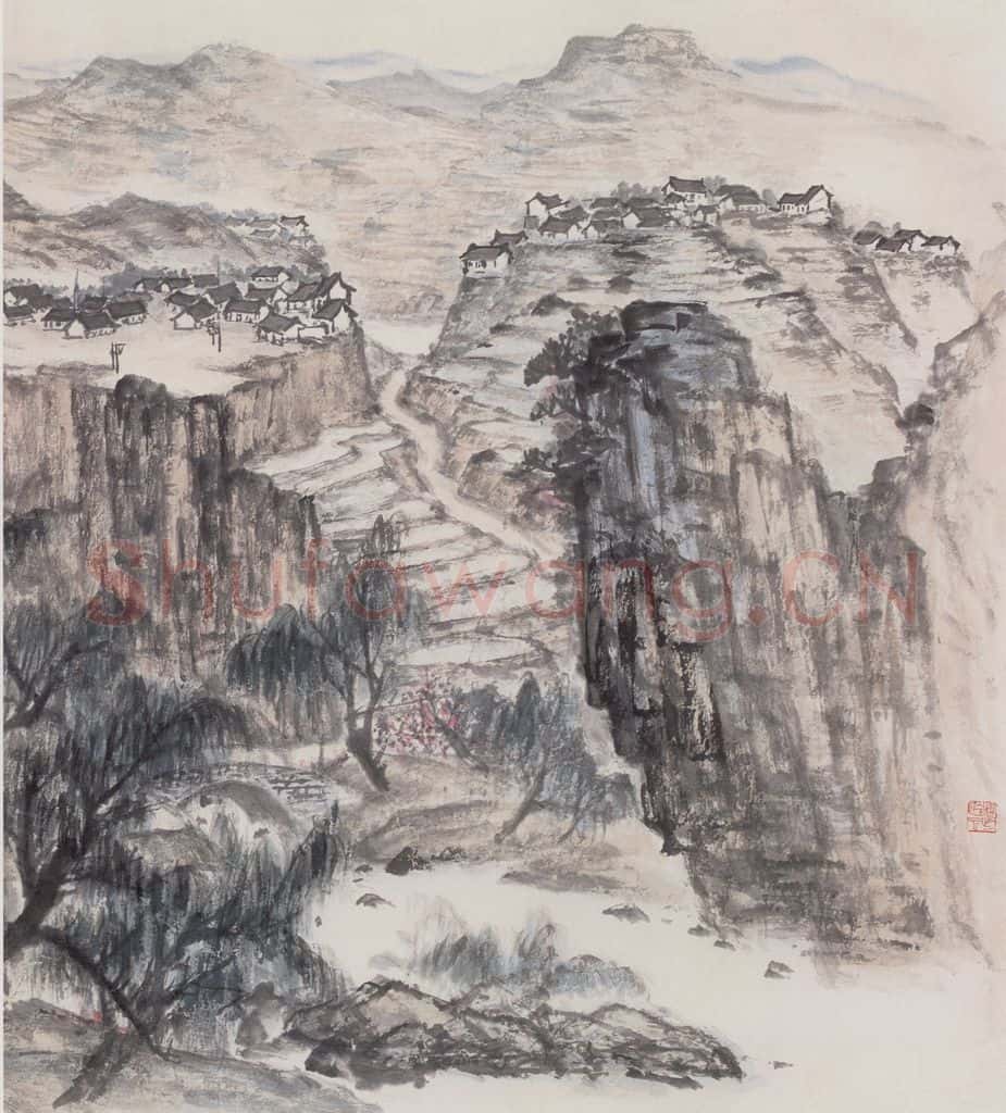 1959年 赵望云《黄河山村》书画作品