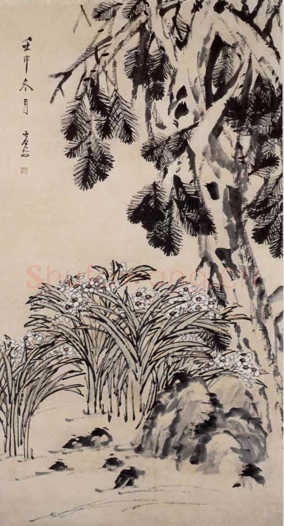 清 虚谷《松石水仙图轴》书画作品