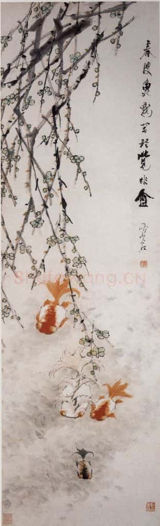 清 虚谷《春波鱼戏图轴》书画作品