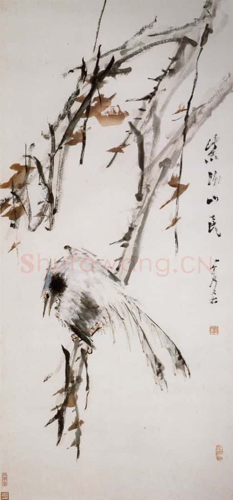 清 虚谷《红枫寿带图轴》书画作品