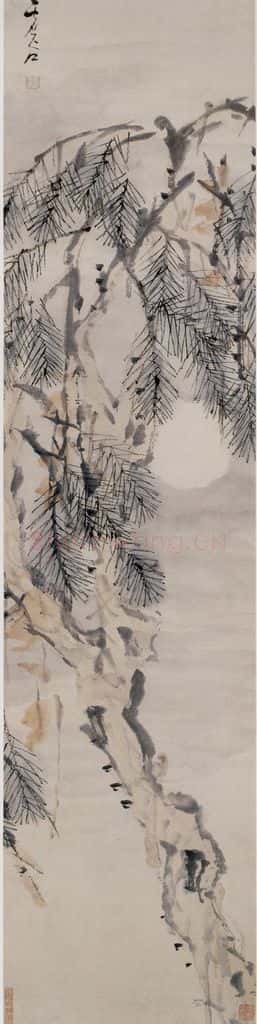 清 虚谷《松月图轴》书画作品
