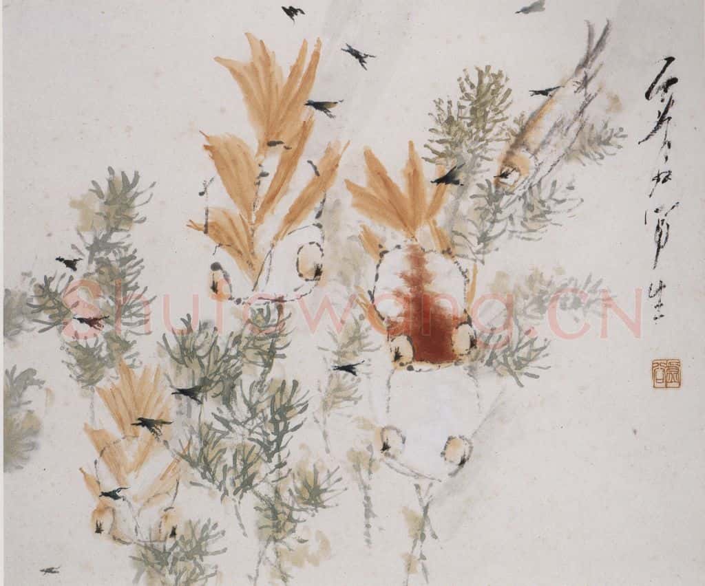 清 虚谷《杂画册·戏水金鱼》书画作品
