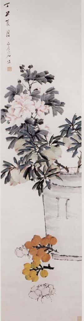清 虚谷《蜀葵枇杷图轴》书画作品