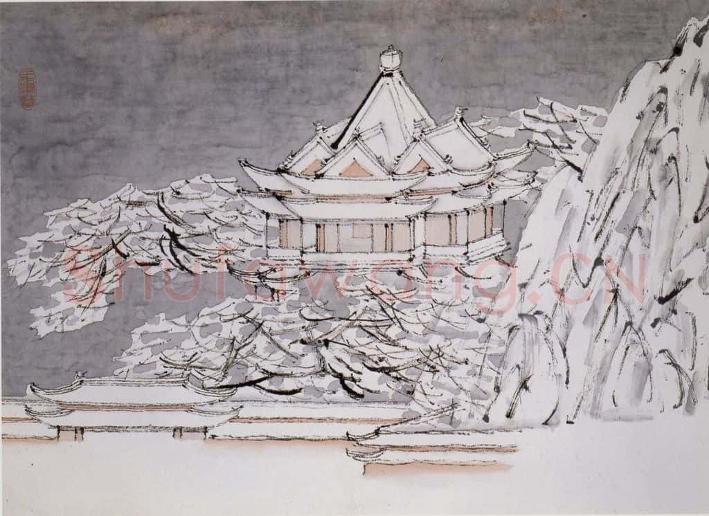 清 虚谷《山水册·古殿银妆》书画作品