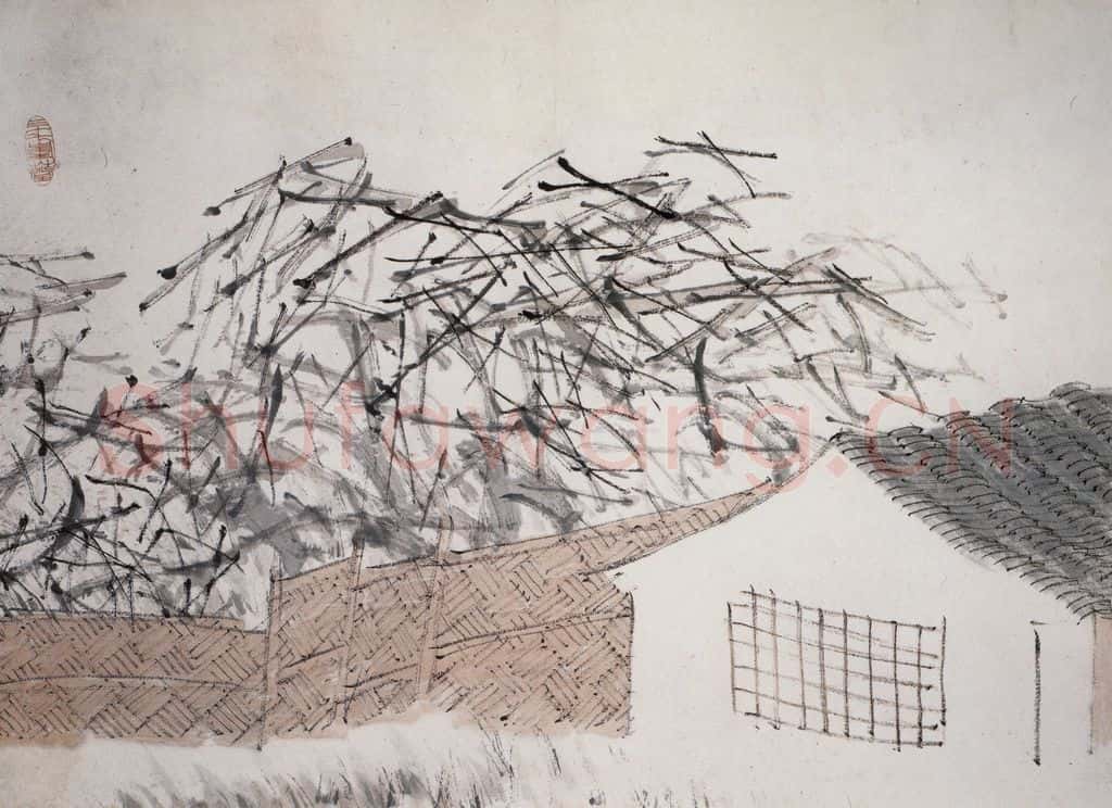 清 虚谷《山水册·篱宅桑枝》书画作品