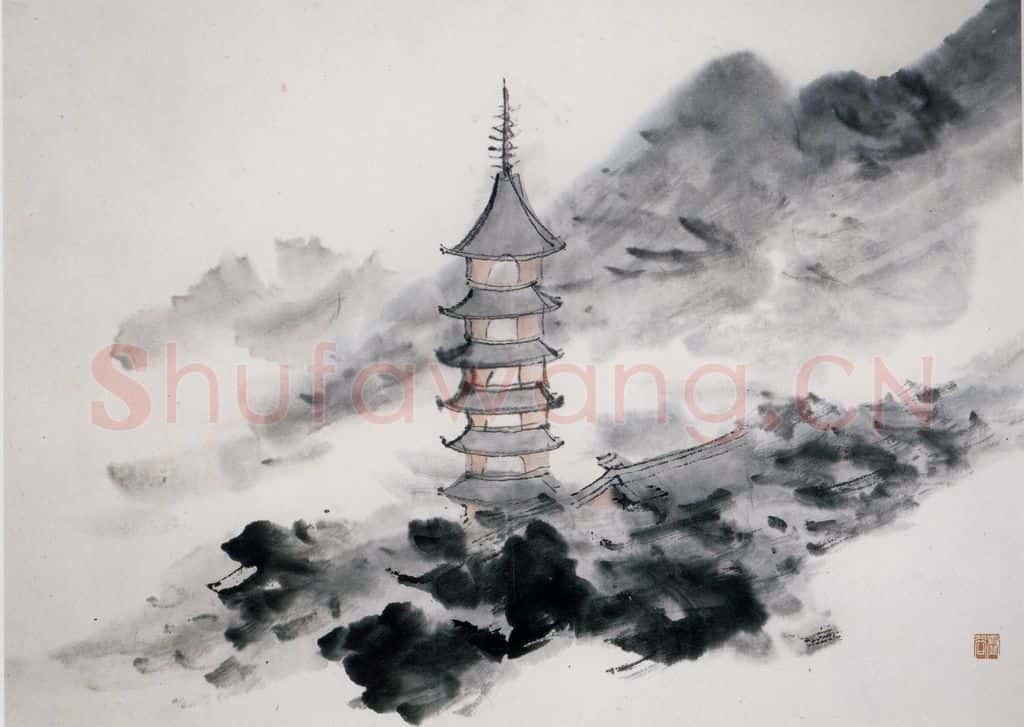 清 虚谷《山水册·古刹梵音》书画作品