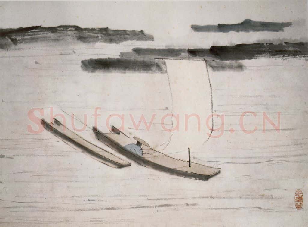 清 虚谷《山水册·碧湖缓舟》书画作品