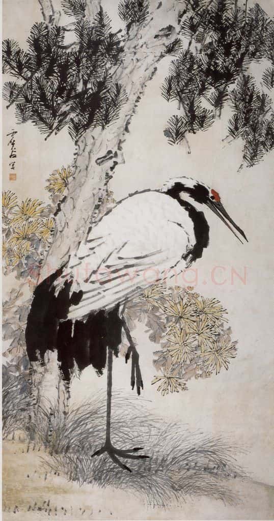 清 虚谷《松鹤~菊图轴》书画作品