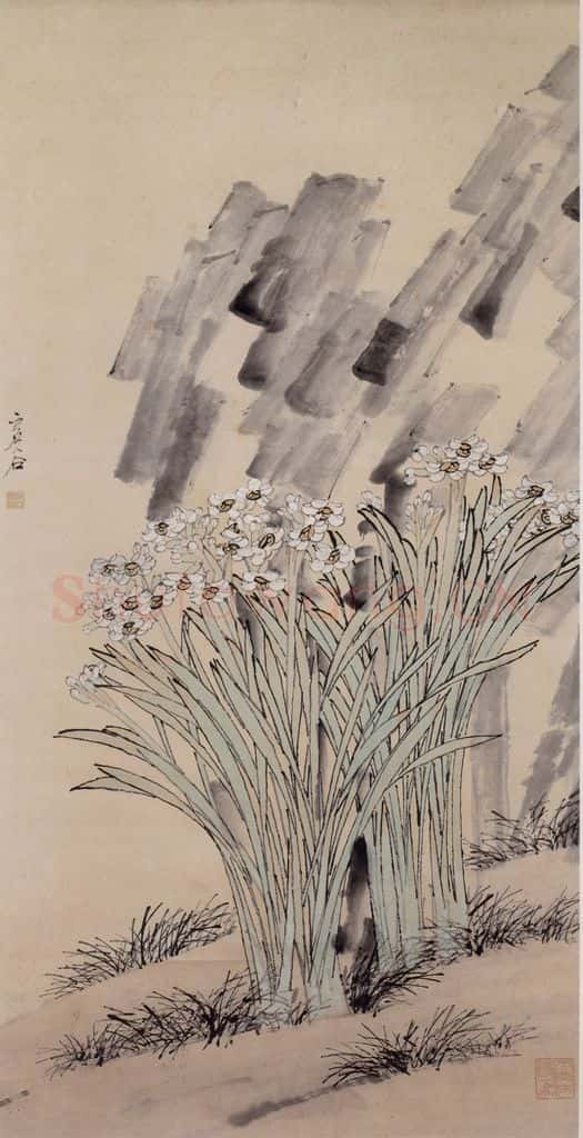 清 虚谷《水仙石轴图》书画作品