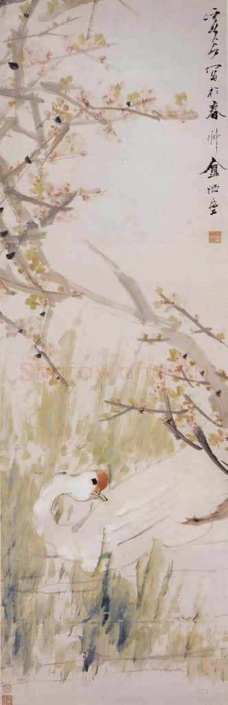 清 虚谷《桃花游鹅图轴》书画作品
