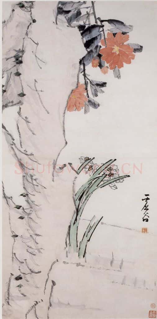 清 虚谷《山茶水仙图轴》书画作品