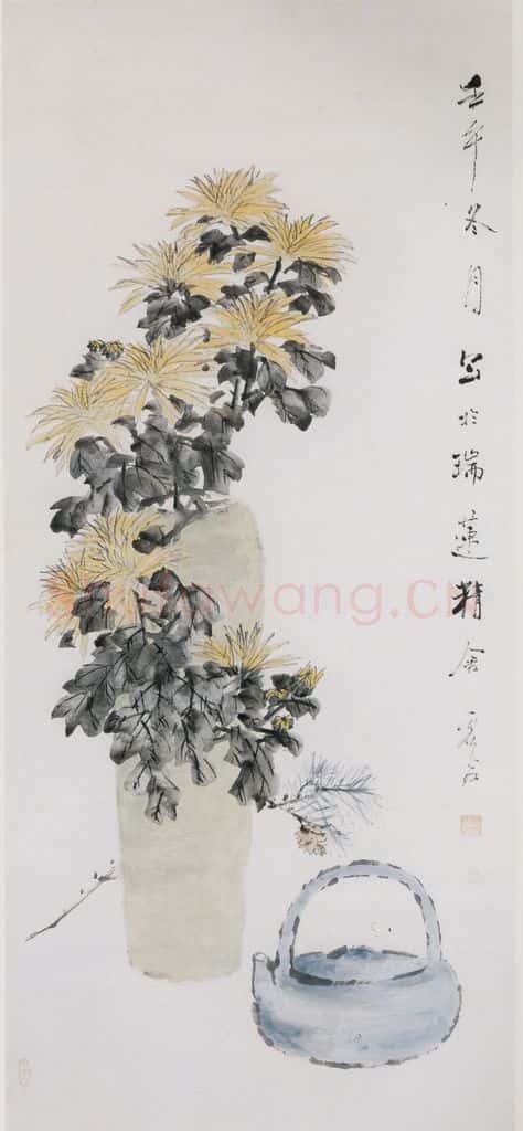 清 虚谷《瓶菊图轴》书画作品