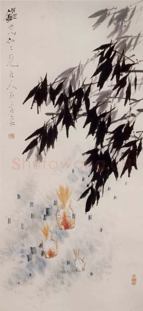 清 虚谷《墨竹金鱼图轴》书画作品