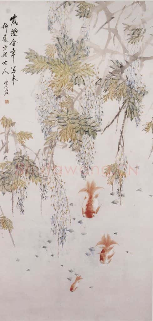 清 虚谷《紫藤金鱼图轴》书画作品