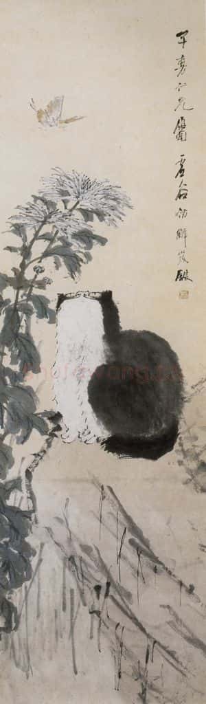 清 虚谷《猫蝶图轴》书画作品