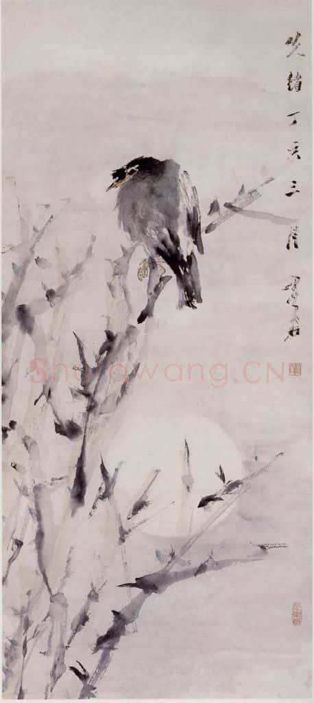 清 虚谷《秋月八哥图轴》书画作品