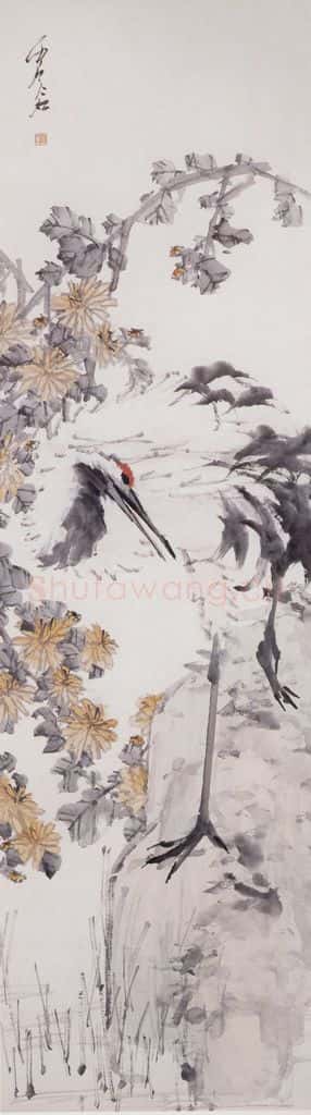 清 虚谷《菊鹤图屏》书画作品