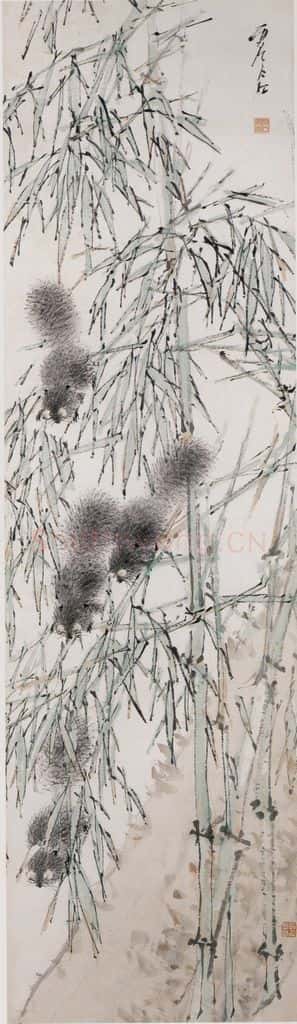 清 虚谷《绿竹松鼠图屏》书画作品