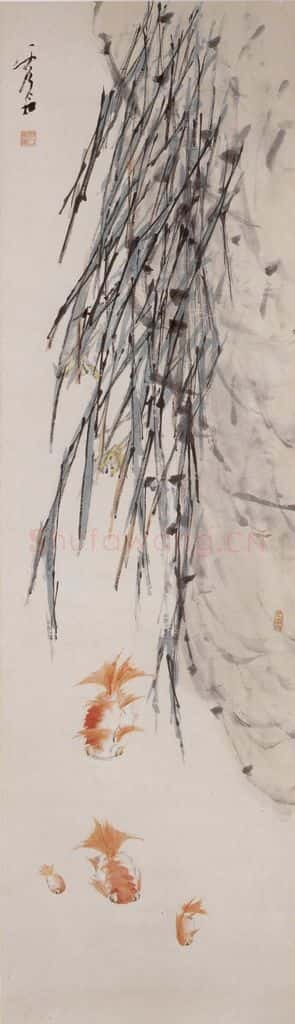 清 虚谷《兰花金鱼图屏》书画作品