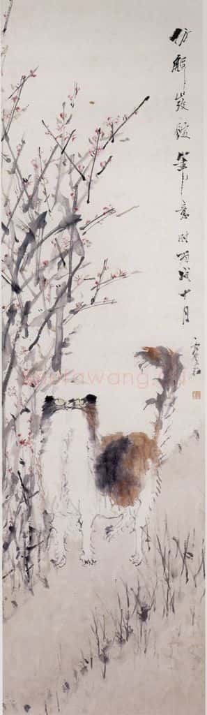 清 虚谷《红梅狸奴图屏》书画作品