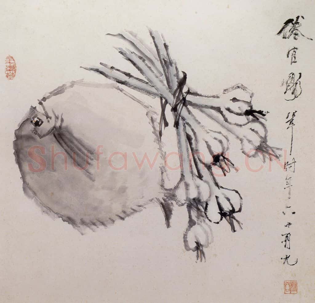 清 虚谷《杂画册之大蒜扁鱼》书画作品