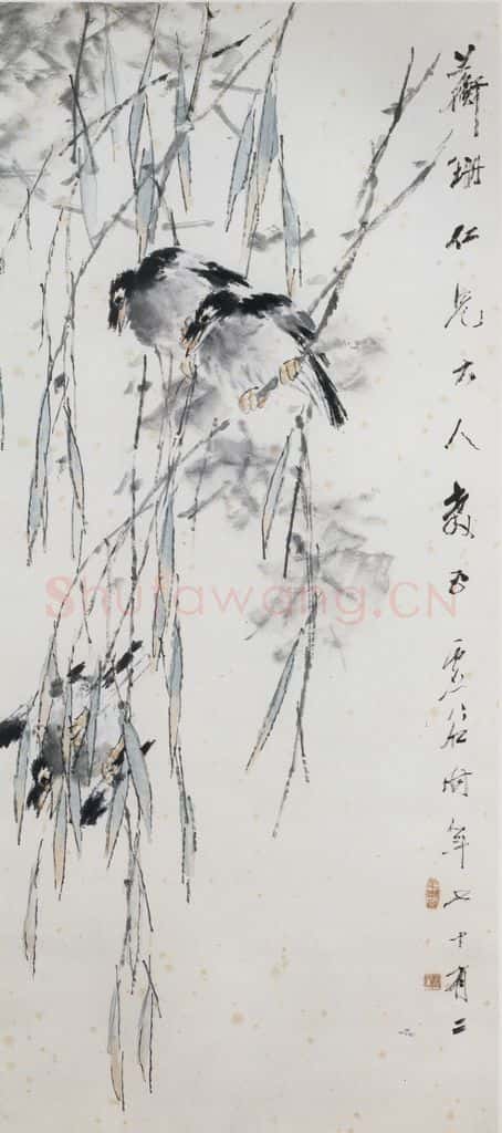清 虚谷《杨柳八哥图轴》书画作品