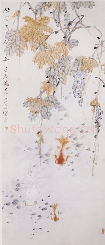清 虚谷《紫藤三鱼图轴》书画作品