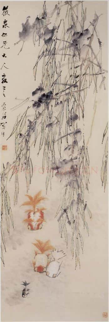 清 虚谷《杨柳金鱼图轴》书画作品