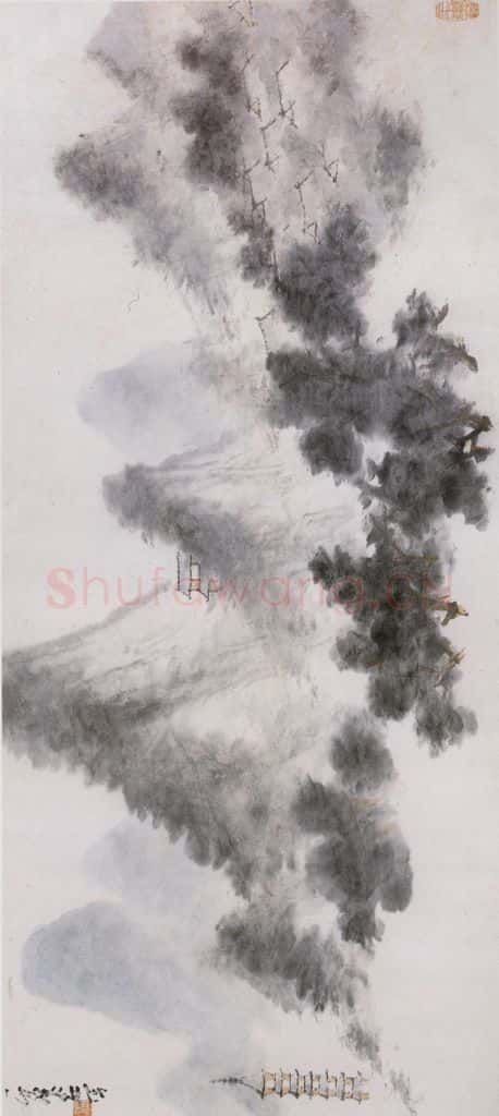 清 虚谷《云山塔影图》书画作品