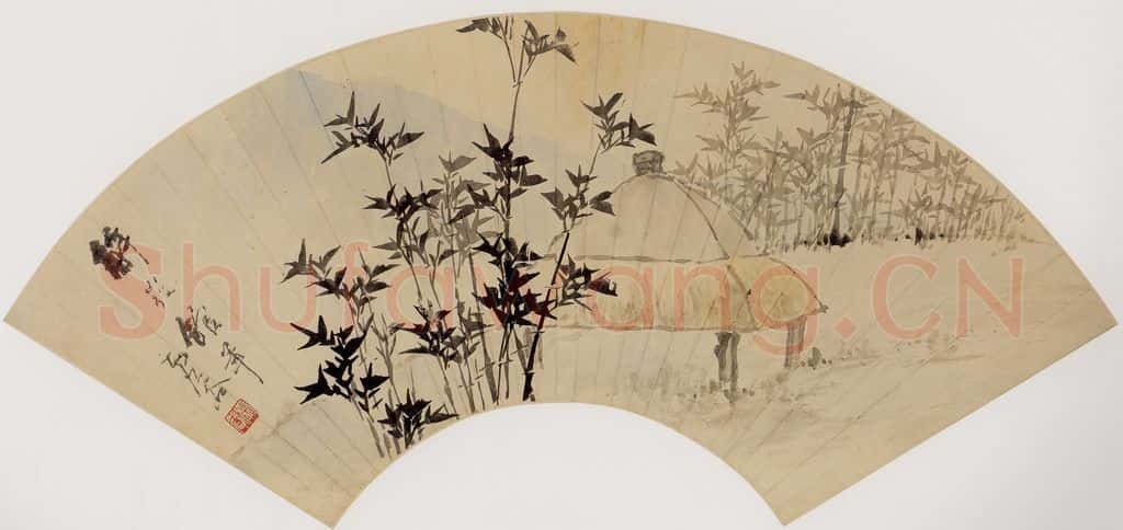 清 虚谷《修竹幽亭图扇页》书画作品