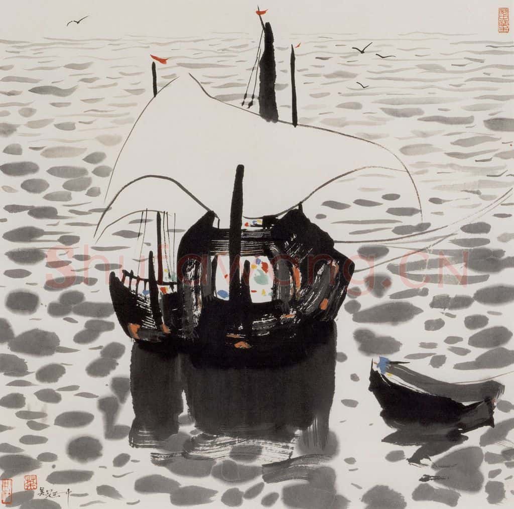 1980年 吴冠中 海上渔船 书画作品