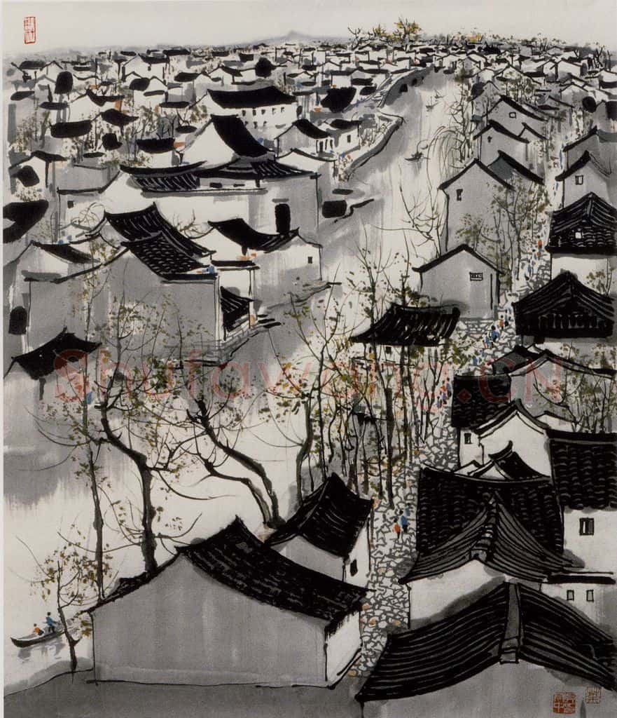 1980年 吴冠中 江南小镇 书画作品
