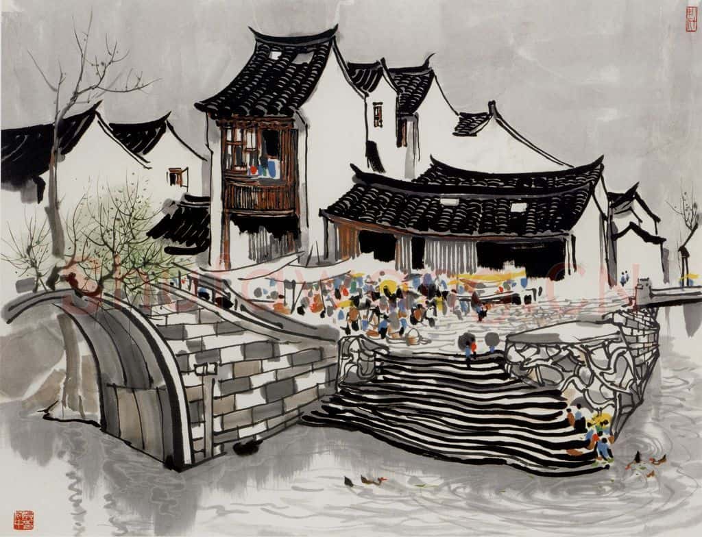 1980年 吴冠中 苏州甪直小镇 书画作品