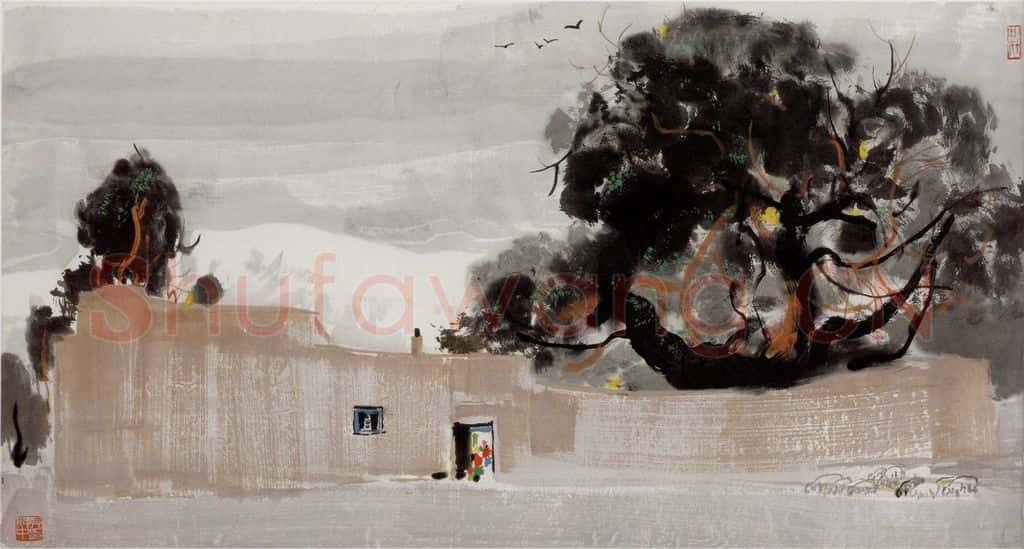 1981年 吴冠中 高原人家 书画作品