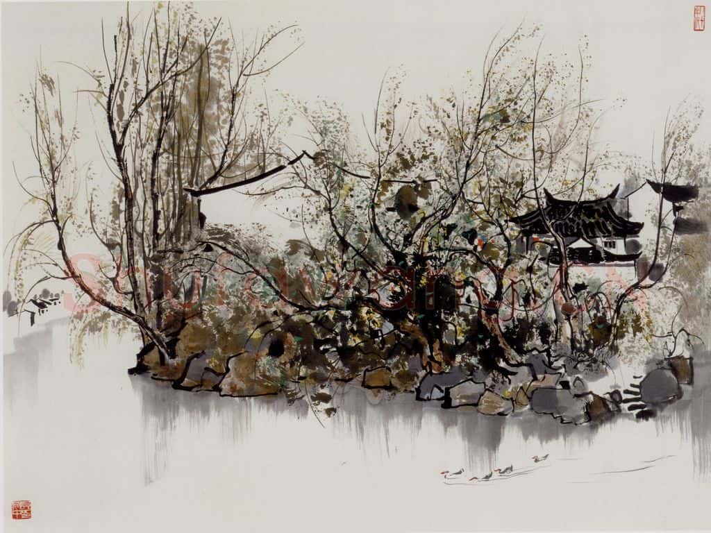 1981年 吴冠中 水上人家 书画作品