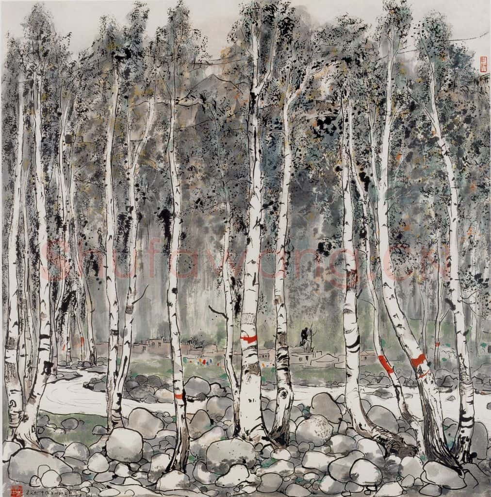 1981年 吴冠中 新疆白桦林 书画作品