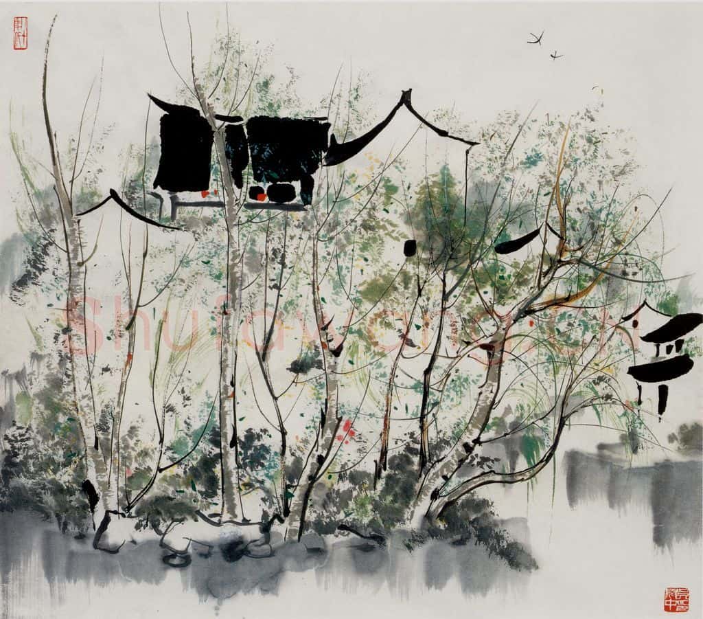 1983年 吴冠中 水乡人家 书画作品