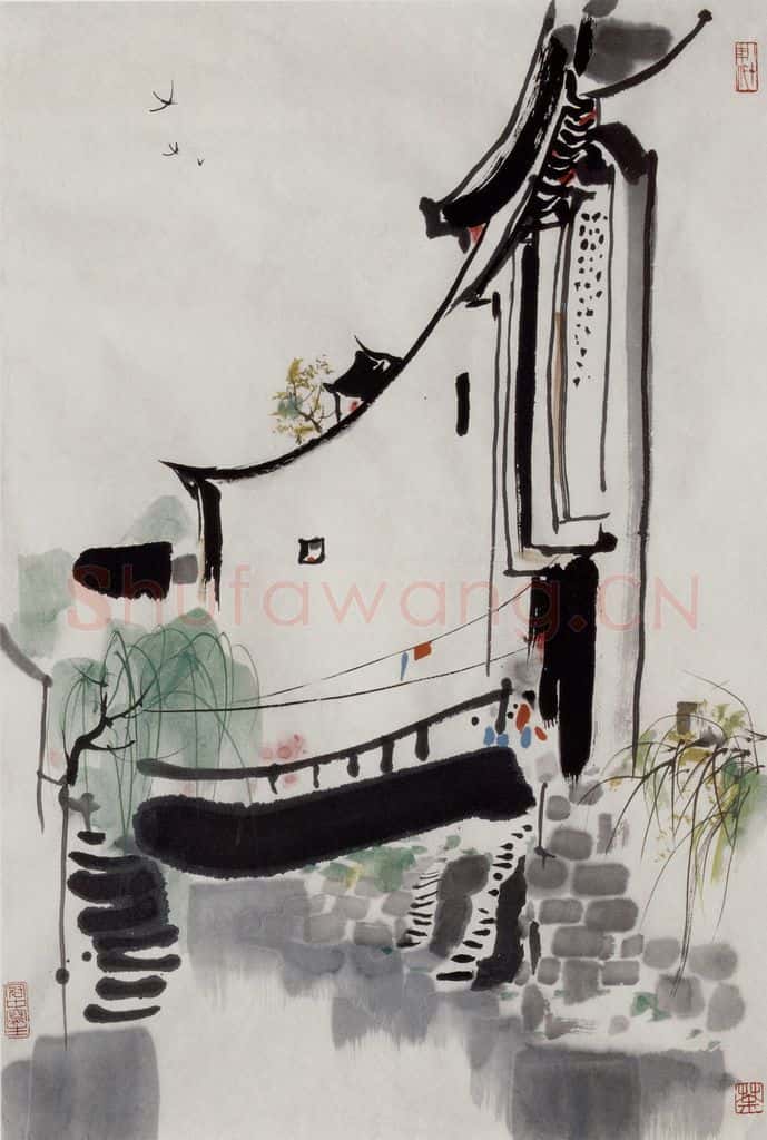 1985年 吴冠中 水乡小桥 书画作品