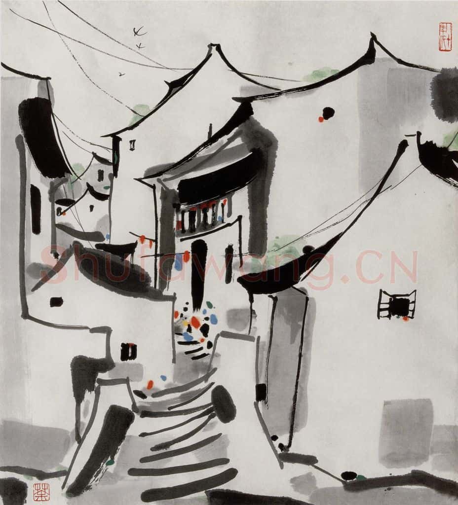1985年 吴冠中 江南村镇 书画作品