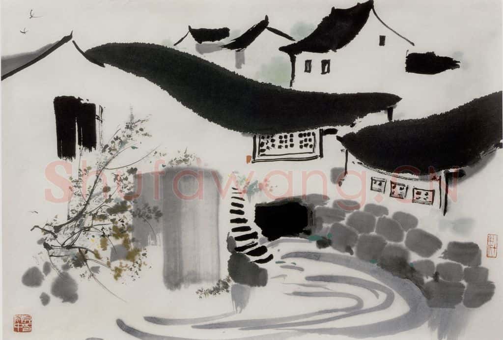 1985年 吴冠中 江南人家 书画作品