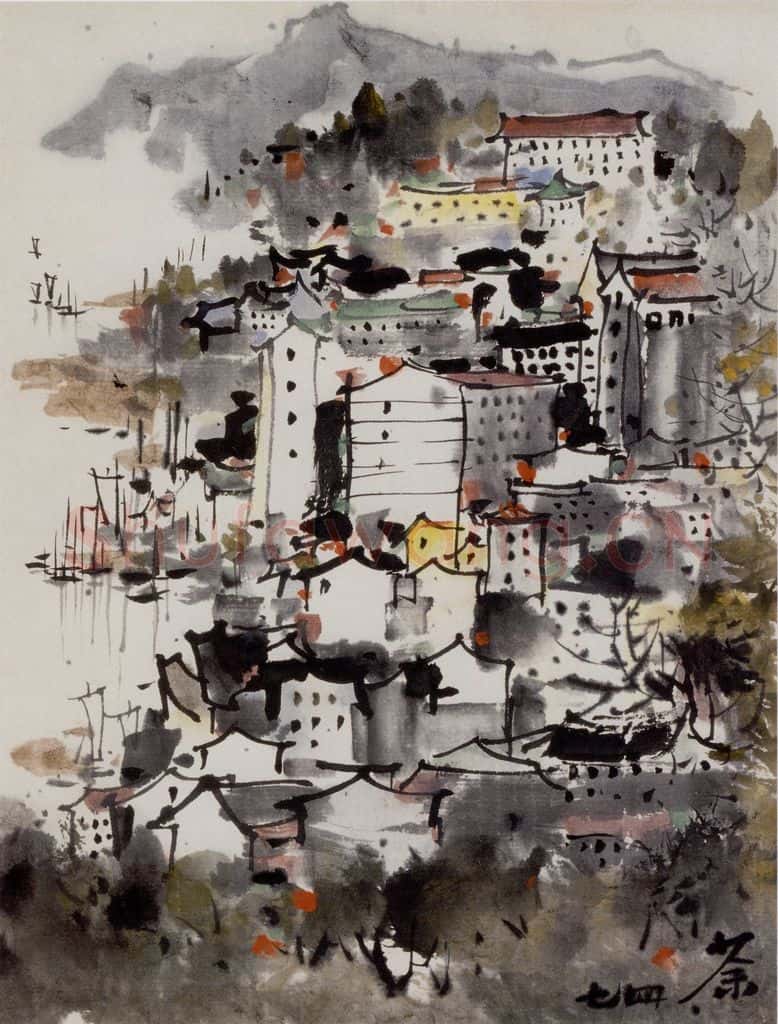 1974年 吴冠中 重庆江城图及序 书画作品