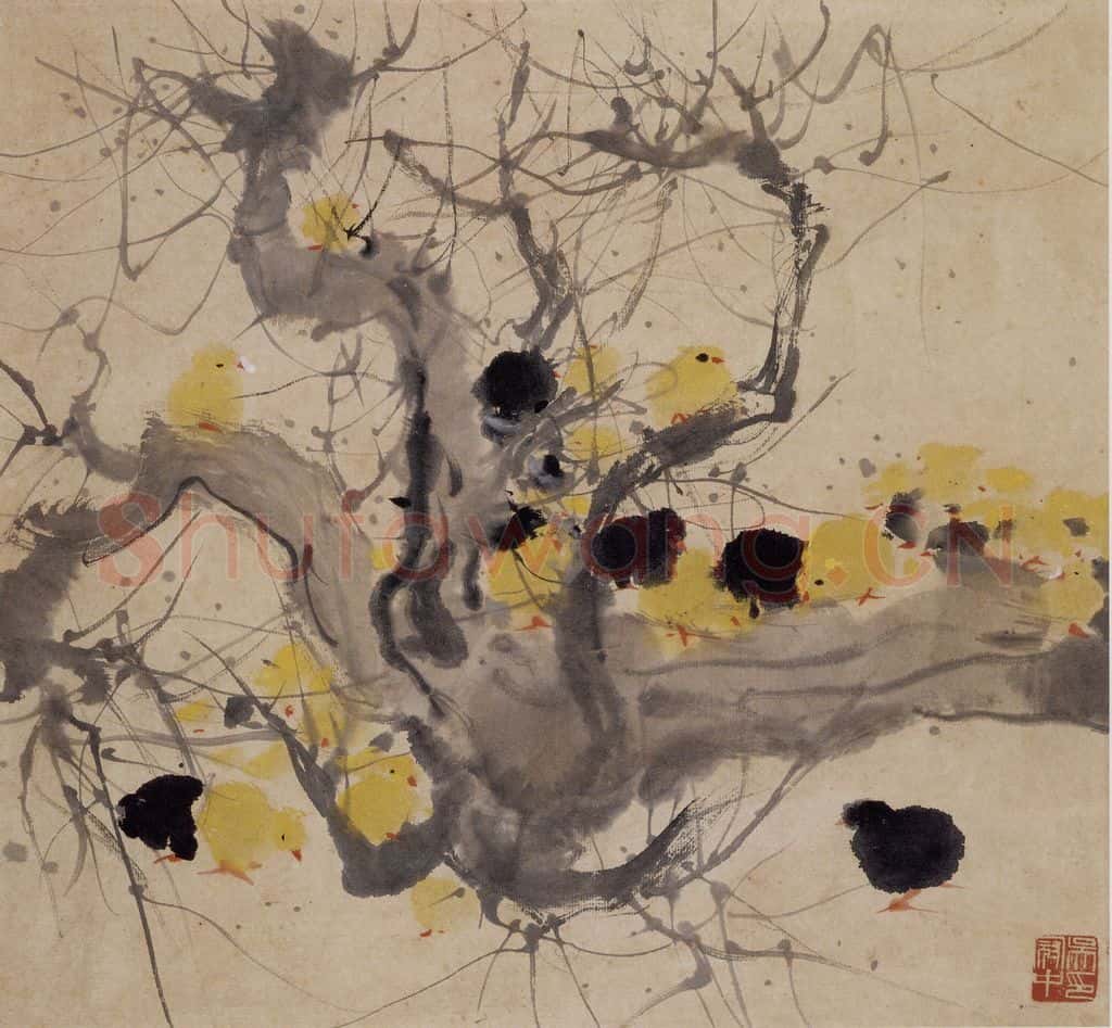 1974年 吴冠中 鸡雏树桩 书画作品