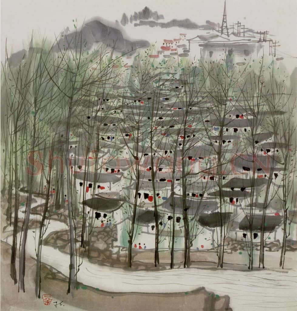 1976年 吴冠中 山村早春 书画作品