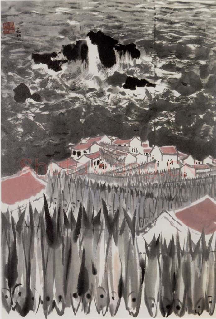 1977年 吴冠中 滨海渔村 书画作品